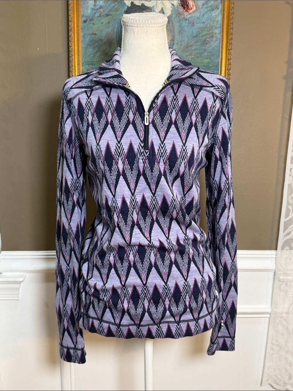 Smartwool Merino Wool Quarter Zip Purple Print Base Layer Top Women’s L Flawed